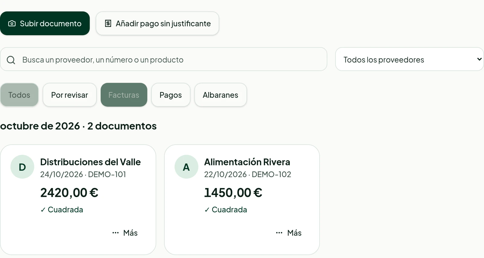 Documentos: botón Subir documento, búsqueda y facturas con proveedor, fecha, importe y lectura comprobada.