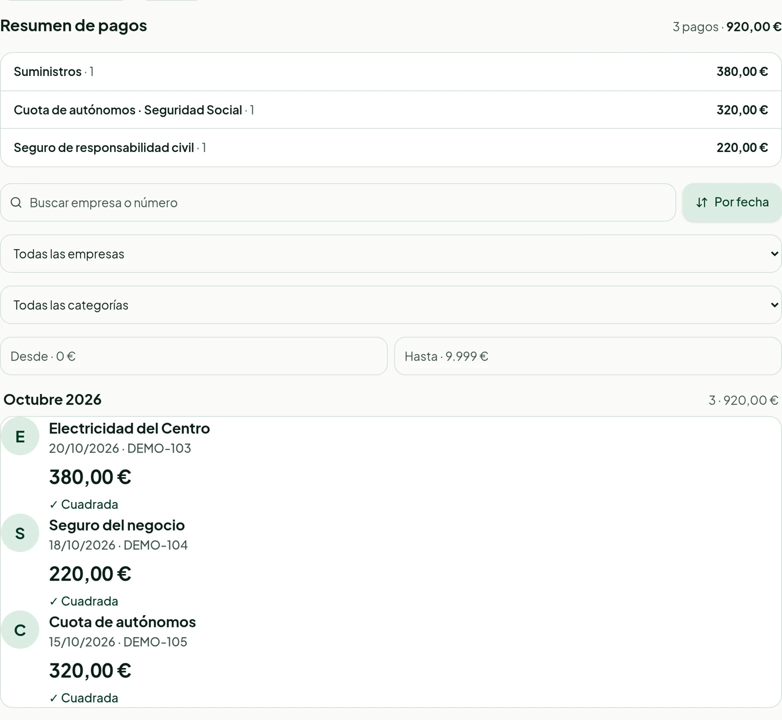 Resumen real de pagos con categorías e historial de justificantes ficticios.
