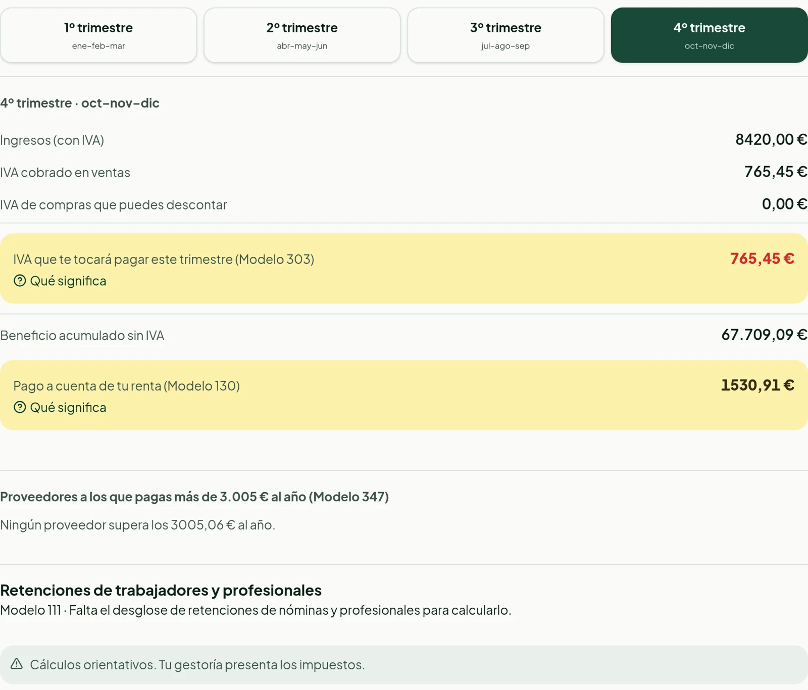 Estimación orientativa del trimestre con IVA Modelo 303 y pago a cuenta Modelo 130.